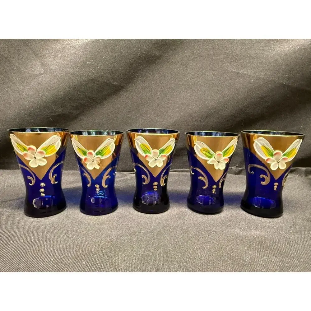 Cobalt Blue & Gold Bohemian Style Decanter (5) Shot Glasses Hand Painted Flowers